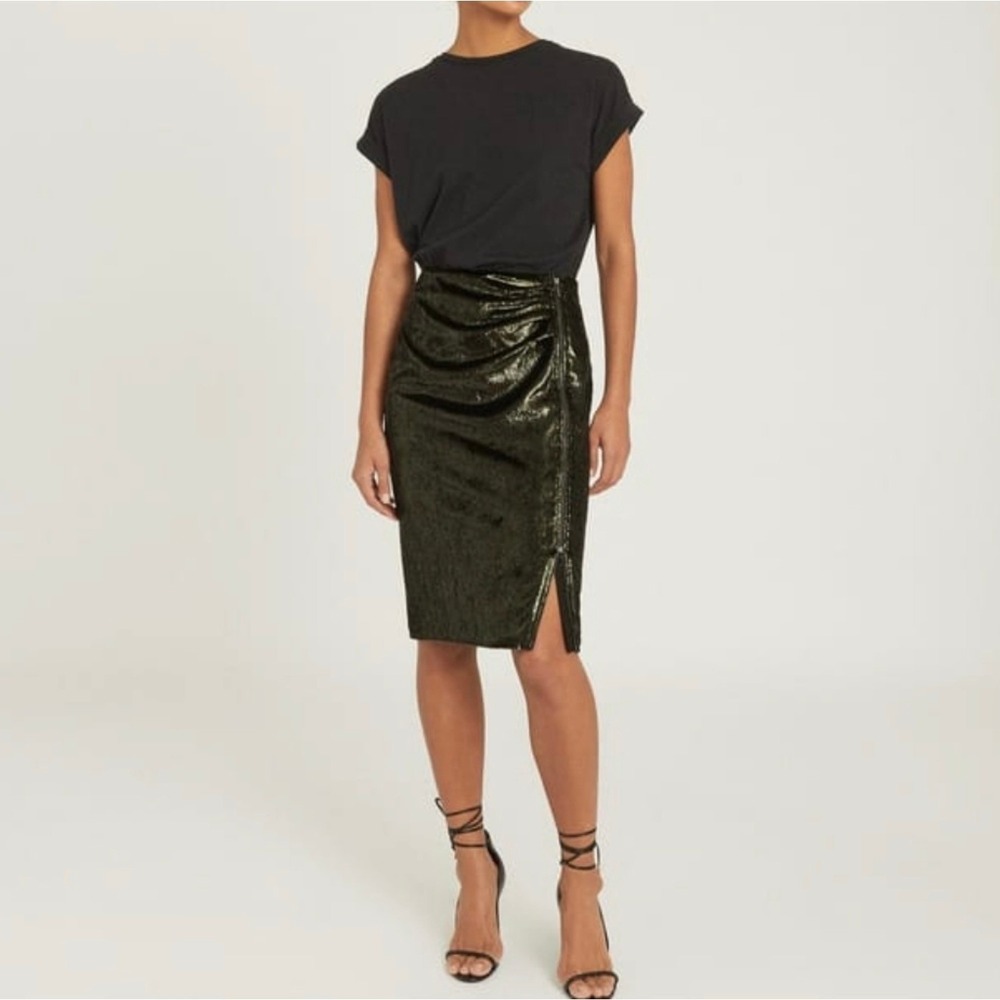 REISS Leena Metallic Velvet Skirt Women 4 Green Leena Drape Party Cocktail NEW